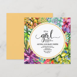 Invitación Ducha para Niña con Suculentas Amarillas Verde Azu