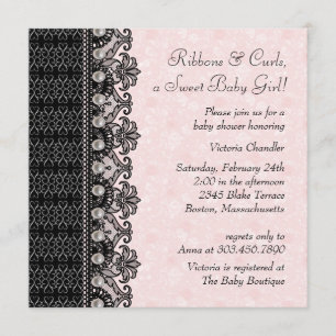 Invitación Ducha para Niña Perlas en Encaje Rosa y Negro