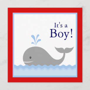 Invitación Ducha para Niño Ballena Velero Azul Rojo