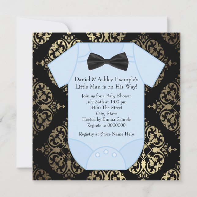 Invitación Ducha para niños Damask Baby Black Gold y Blue (Anverso)