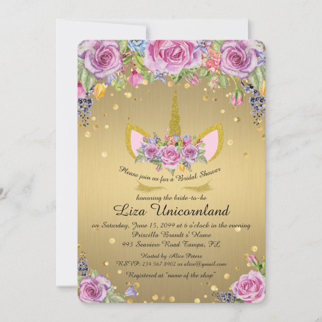 Invitación Ducha para novias, unicornio, oro metalizado, flor (Anverso)