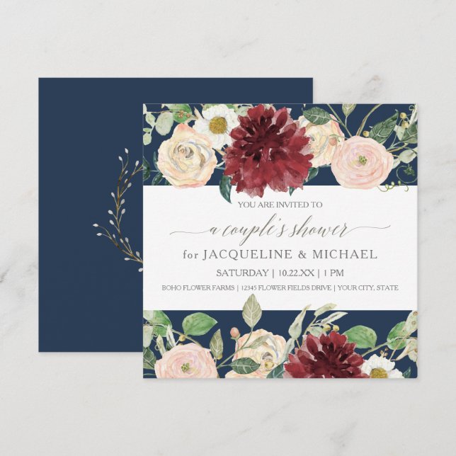 Invitación Ducha para Pareja Navy Crisantemo Rosa Borgoña (Anverso / Reverso)