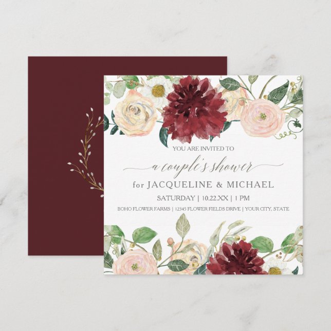 Invitación Ducha para Pareja Otoño Crisantemo Marsala Rosa (Anverso / Reverso)