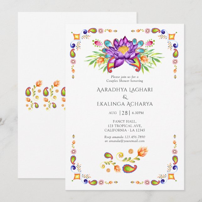 Invitación Ducha para parejas indias paisley Lotus Flower (Anverso / Reverso)