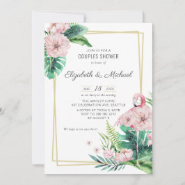 Invitación Ducha Pareja Floral Flamingo Rosa Botánica