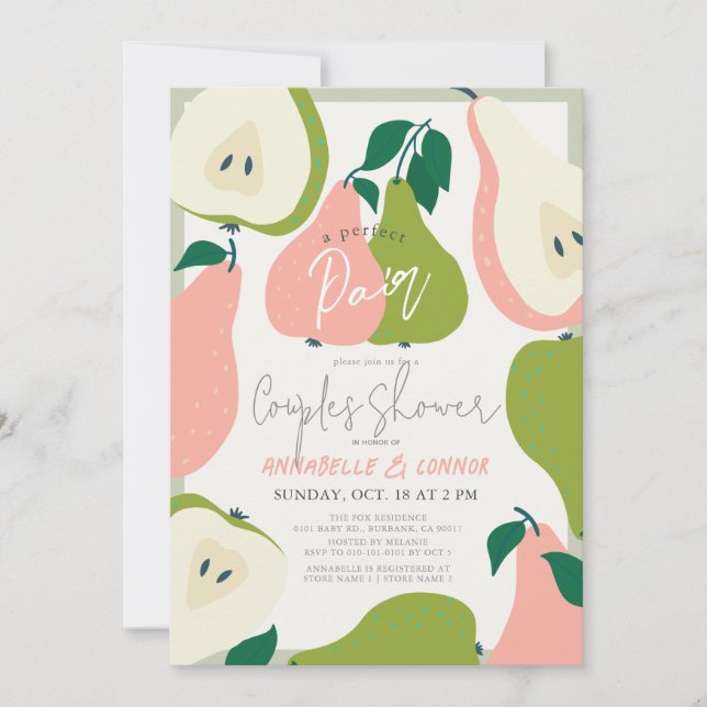 Invitación Ducha Perfecta Pareja Rosa y Verde Pear Parejas (Anverso)