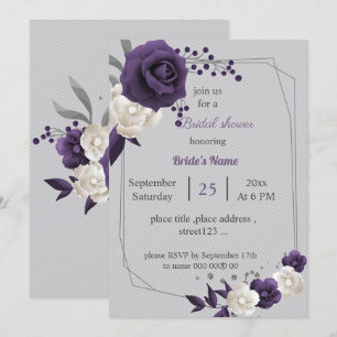 Invitación ducha polvorienta morada blanca floral geométrica