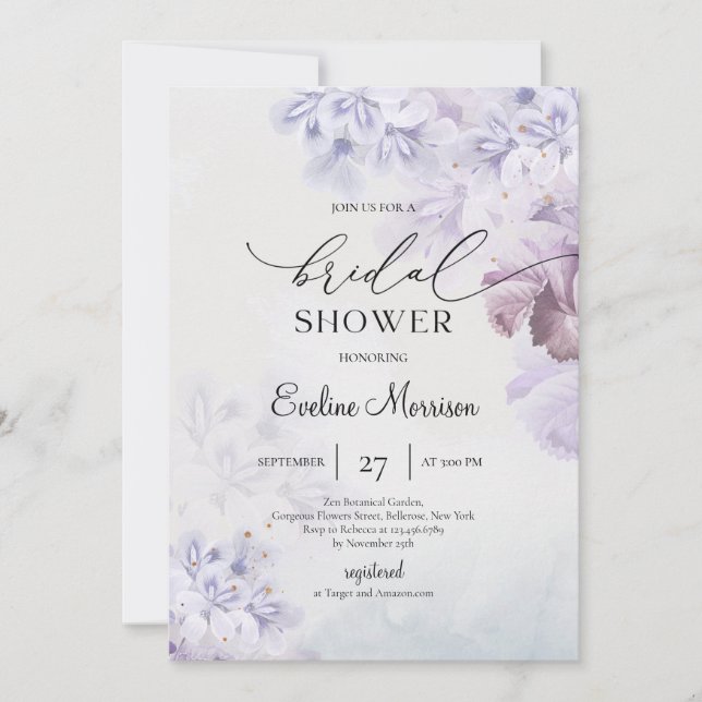 Invitación Ducha polvorienta violeta primavera floral Bridal  (Anverso)