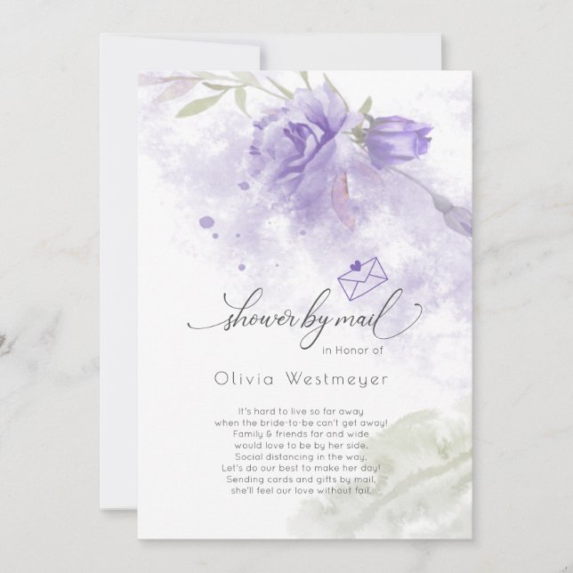 Invitación Ducha por correo acuarela Lilac Morado Floral (Anverso)