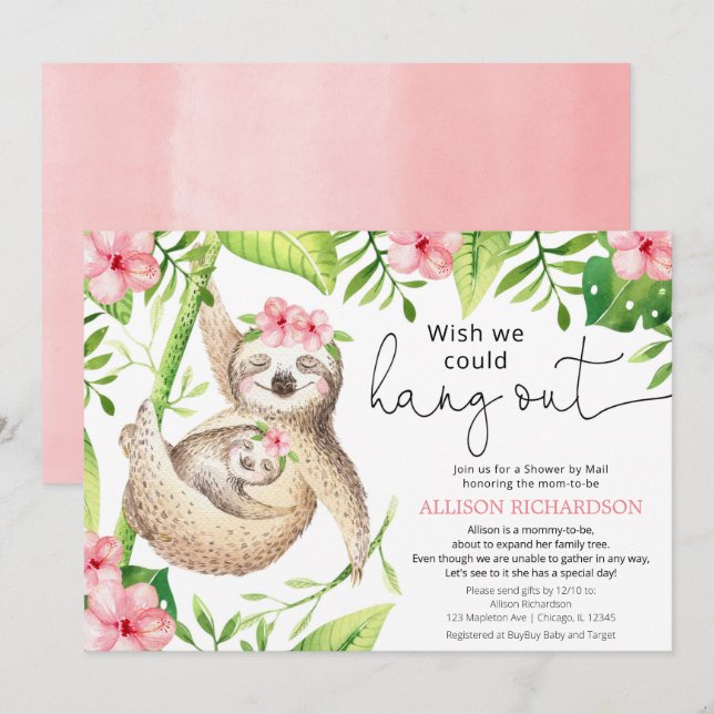 Invitación Ducha por correo adorable chica verde rosa perezos (Anverso / Reverso)