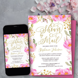 Invitación Ducha por correo caligrafía rosa y dorada floral