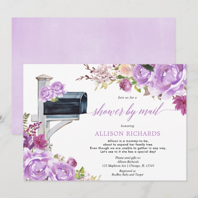 Invitación Ducha por correo chica floral púrpura ducha bebé (Anverso / Reverso)