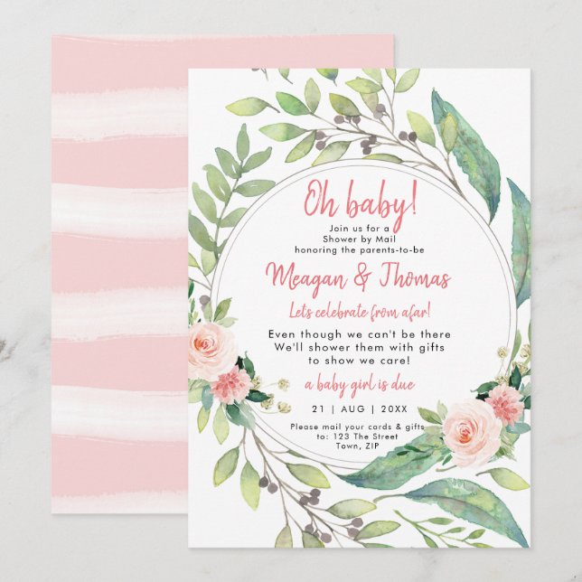 Invitación ducha por correo desde lejos baby shower rosa (Anverso / Reverso)