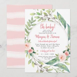 Invitación ducha por correo desde lejos baby shower rosa