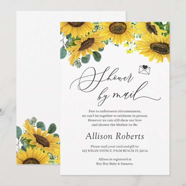 Invitación Ducha Por Correo Elegante Moda Girasol Eucalipto (Anverso / Reverso)