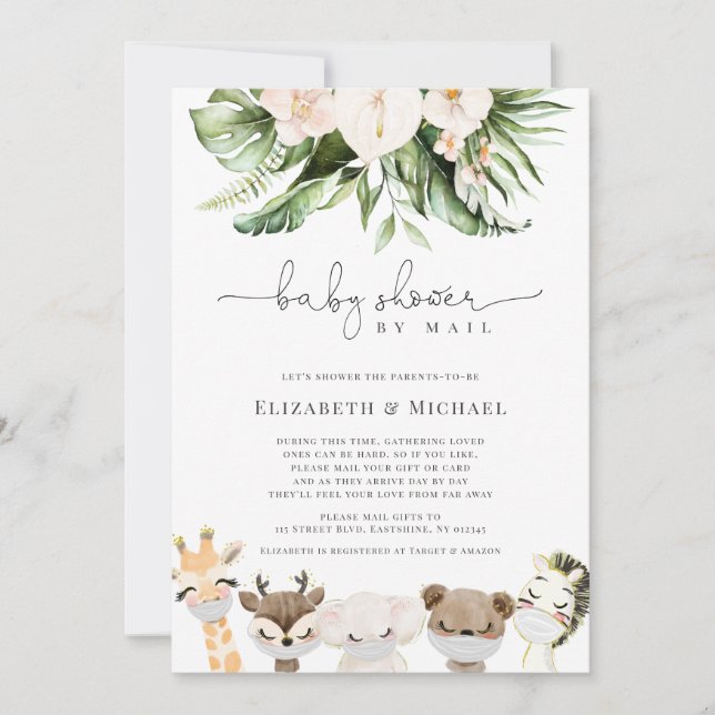 Invitación Ducha Por Correo Mascarada Bebé Safari Animales (Anverso)