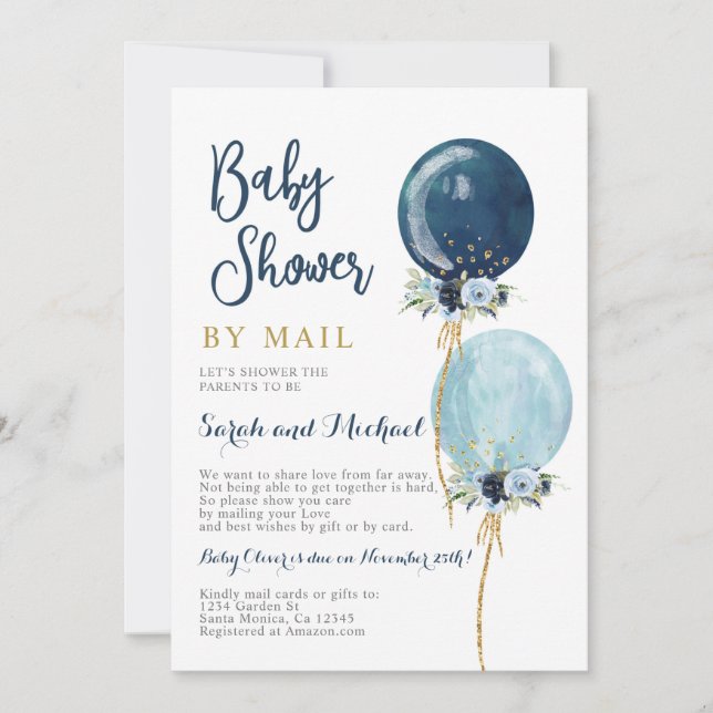 Invitación Ducha por correo niño globos azul marino (Anverso)
