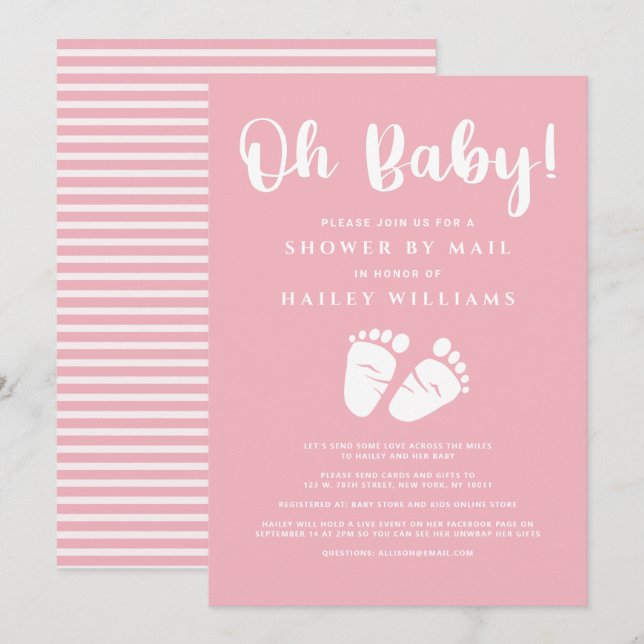 Invitación Ducha por correo Oh Baby Girl Pies Pink White (Anverso / Reverso)