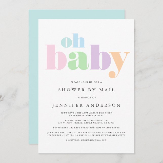 Invitación Ducha por correo | Oh Baby Pastel Minimal Moderno (Anverso / Reverso)