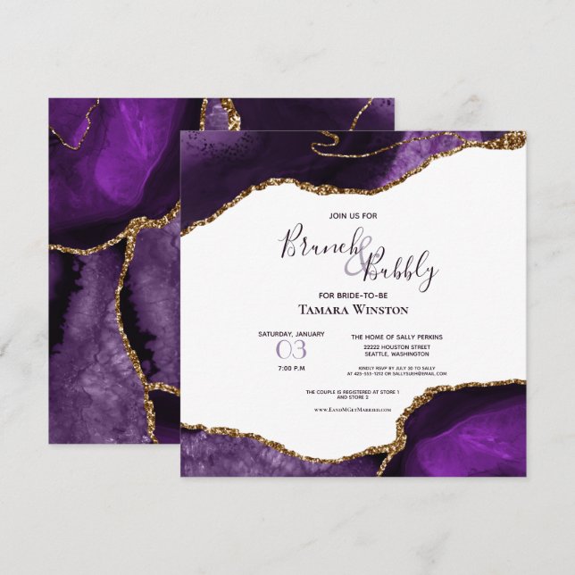 Invitación Ducha Purpurina Purple Bridal Brunch & Bubbly Gold (Anverso / Reverso)