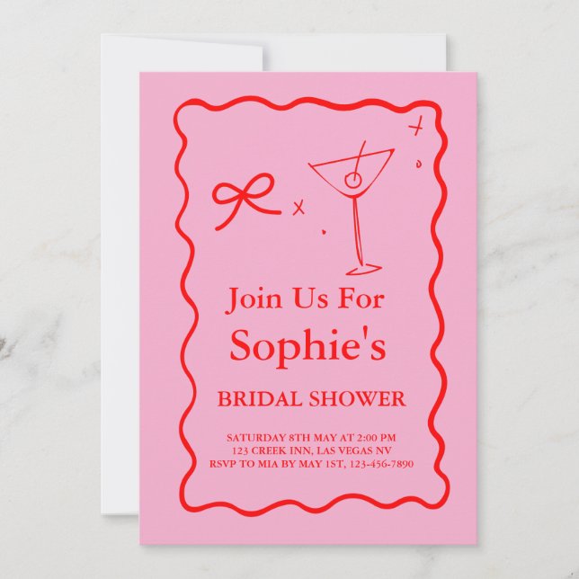 Invitación Ducha Retro De Novias Rosa Y Rojo, Martini (Anverso)