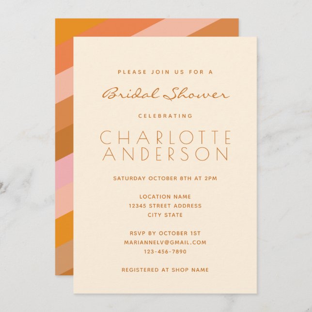 Invitación Ducha retro geométrica rosa y Naranja de novias (Anverso / Reverso)