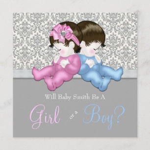 Invitación Ducha reveladora de género elegante gris Damasco