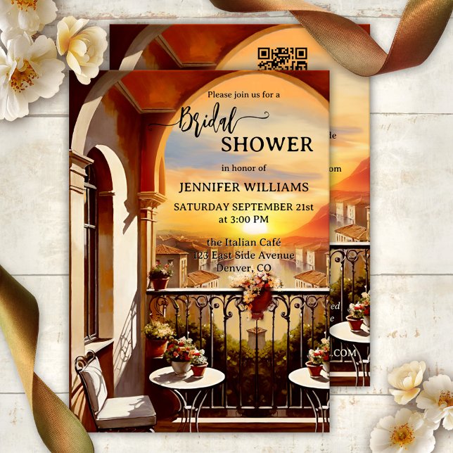 Invitación Ducha romántica de arte italiano (Bridal shower invitation featuring a painting of an Italian balcony with a view of a sunset - QR)
