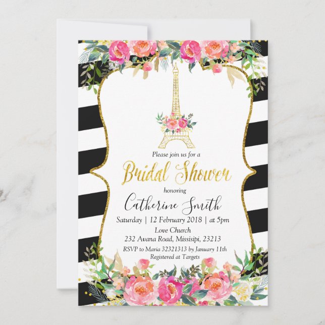 Invitación Ducha romántica de novia floral rosa de París (Anverso)