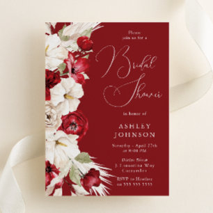 Invitación Ducha romántica de novias florales rojas y blancas