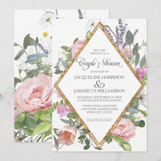 Invitación Ducha romántica elegante floral de los pares del (Anverso / Reverso)
