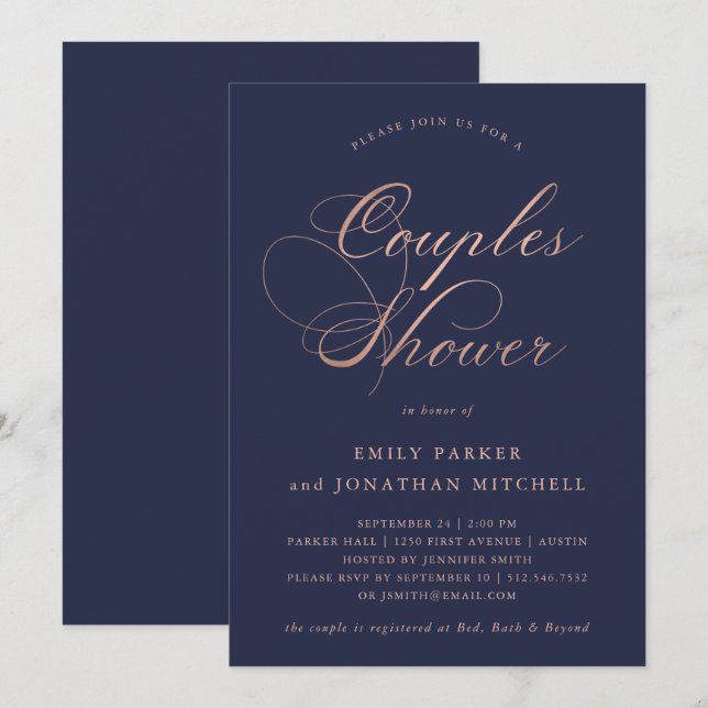 Invitación Ducha Rosa fino de caligrafía dorada (Anverso / Reverso)