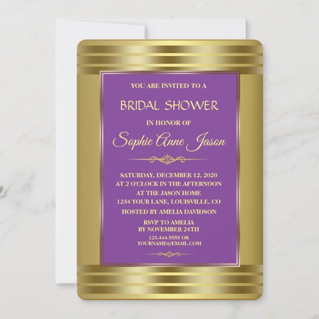 Invitación Ducha Royal Purple and Gold Bridal (Anverso)