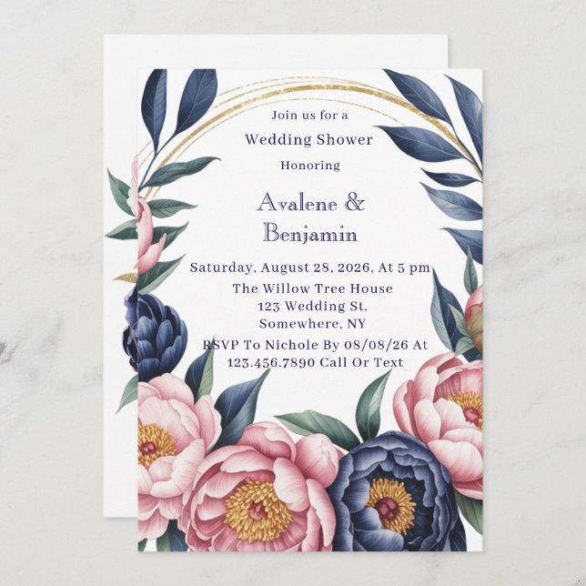 Invitación Ducha Rubor y Marina de la Boda Azul (Anverso / Reverso)