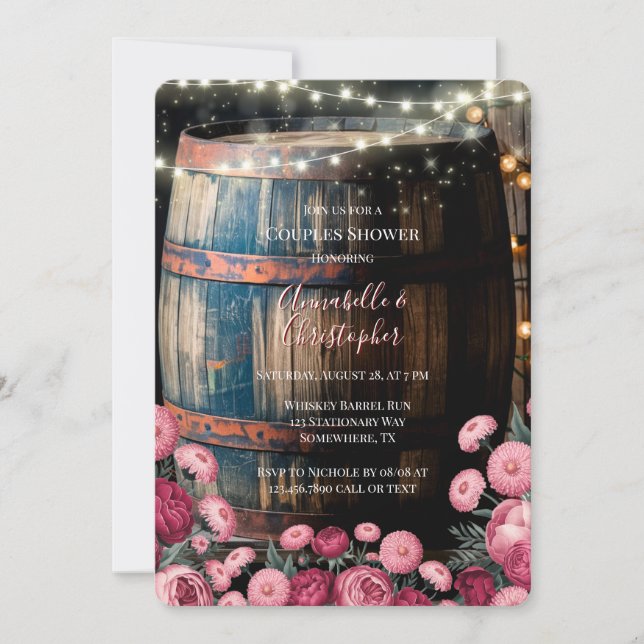 Invitación Ducha Rusa Al Aire Libre Whiskey Barrel Couples (Anverso)