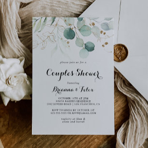 Invitación Ducha Rusa de Parejas Florales de Oro Eucalyptus