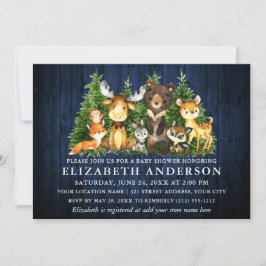 Invitación Ducha Rustic Blue Wood Woodland Animals