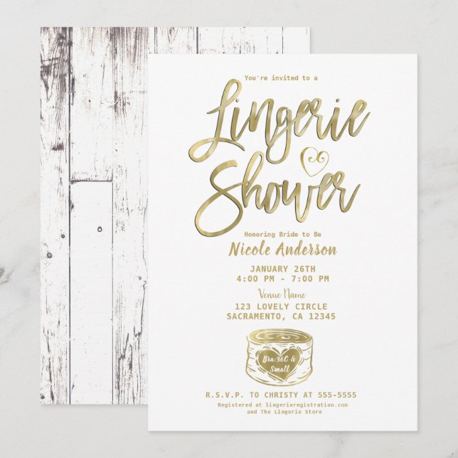 Invitación Ducha Rustic White Wood Glam Gold Lingerie (Anverso / Reverso)