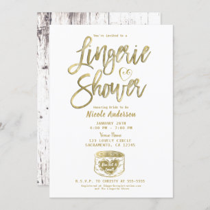 Invitación Ducha Rustic White Wood Glam Gold Lingerie