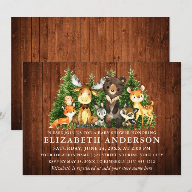 Invitación Ducha Rustic Wood Watercolor Woodland Animals (Anverso / Reverso)