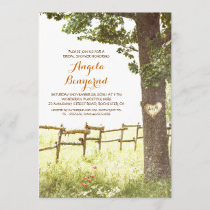 Invitación ducha rústica con árbol de corazón invita a