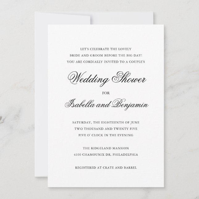 Invitación Ducha tradicional de matrimonio elegante en blanco (Anverso)