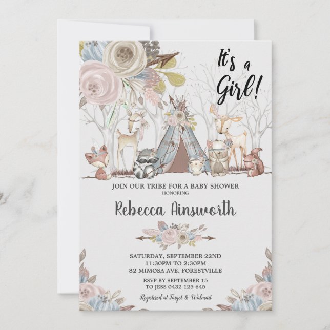 Invitación Ducha tribal de la niña de los animales del (Anverso)