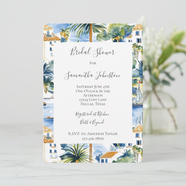 Invitación Ducha tropical azul mediterráneo de novias (Anverso de pie)