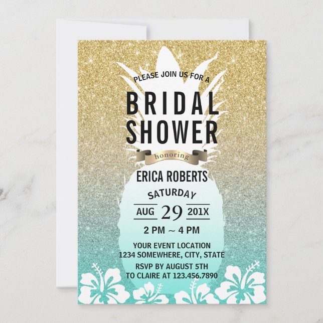 Invitación Ducha Tropical De Boda De Oro De Piña (Anverso)