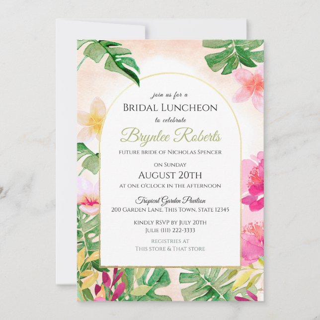Invitación Ducha tropical de novia con arco de marco dorado (Anverso)