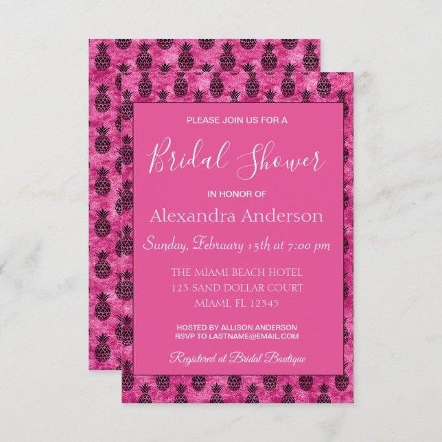Invitación Ducha tropical de novias rosada caliente (Anverso / Reverso)