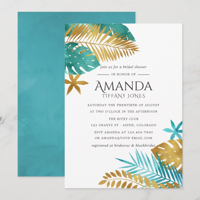 Invitación Ducha tropical de novias verde azulada y dorada (Anverso / Reverso)