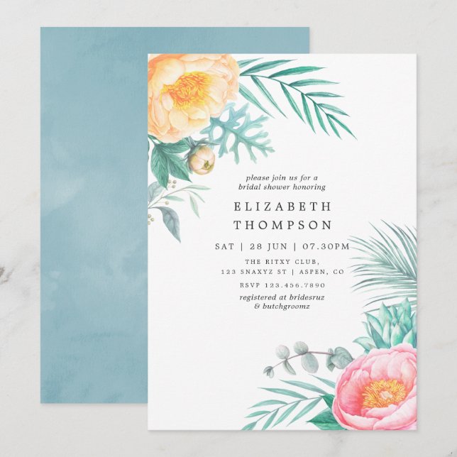 Invitación Ducha tropical floral de verano de novias (Anverso / Reverso)