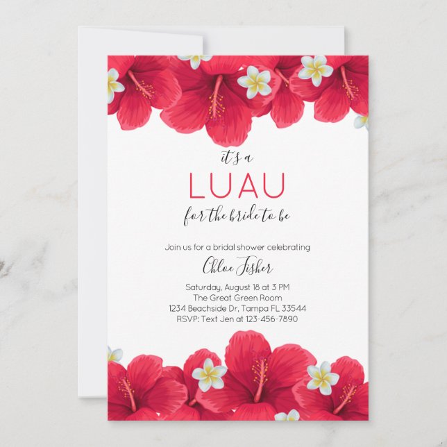 Invitación Ducha tropical hawaiana luau para novias, roja (Anverso)